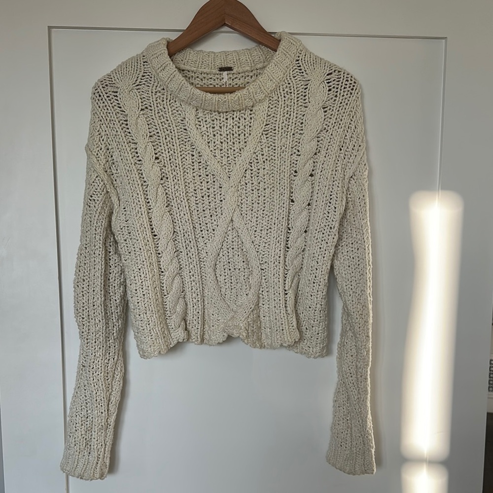 Free People Cream Cable Knit Crew Neck Sweater